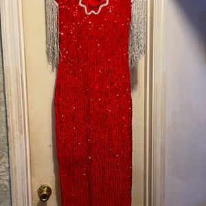 Red shimmering party long dress